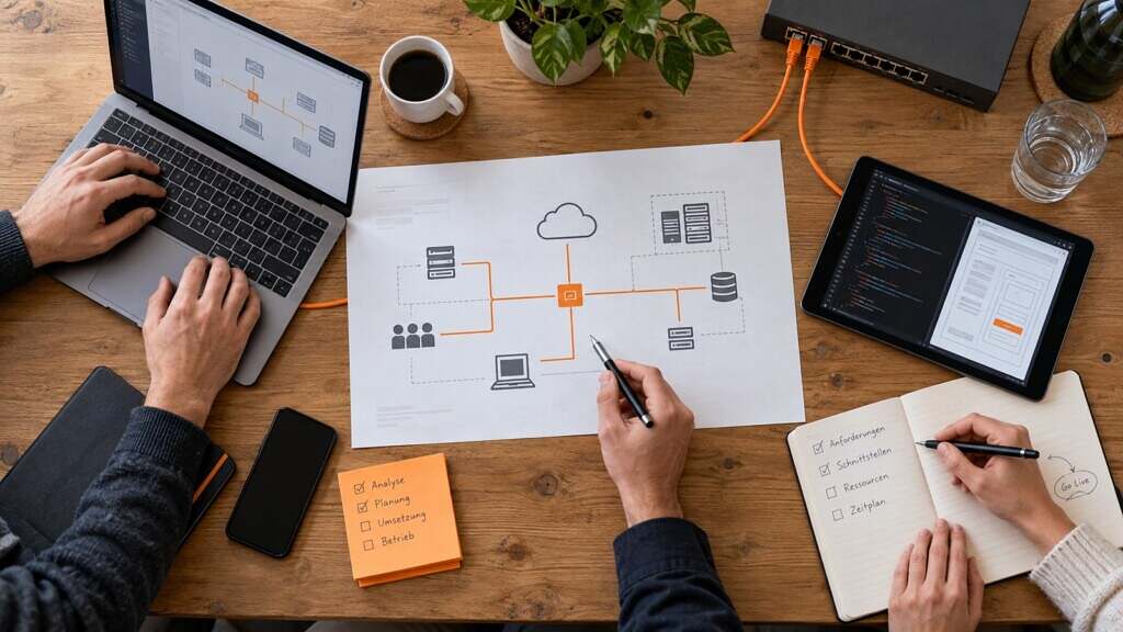 An architecture plan connects consulting, operations, infrastructure and development in a clearly structured workspace